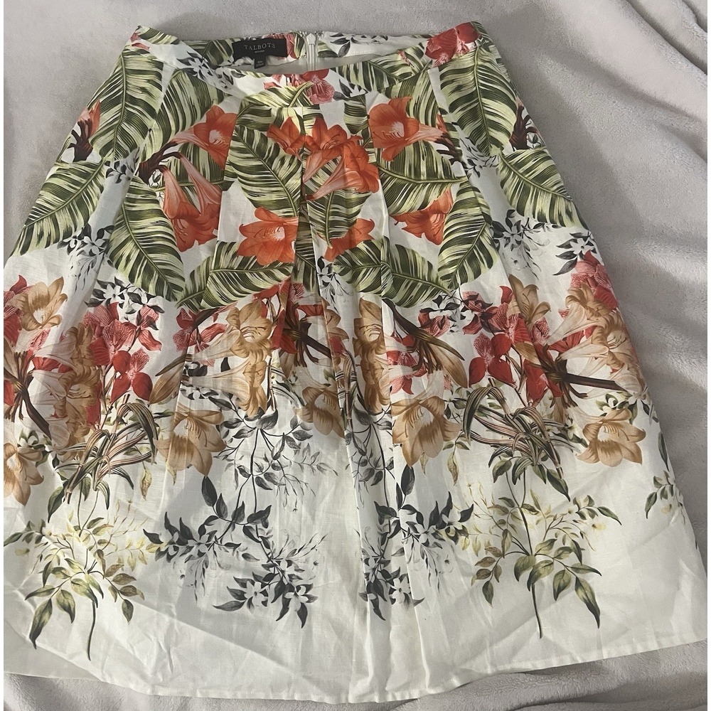 Talbots Skirt 14 P Vibrant Lilies Pleated Front Side Pockets A-Line Linen Cotton
